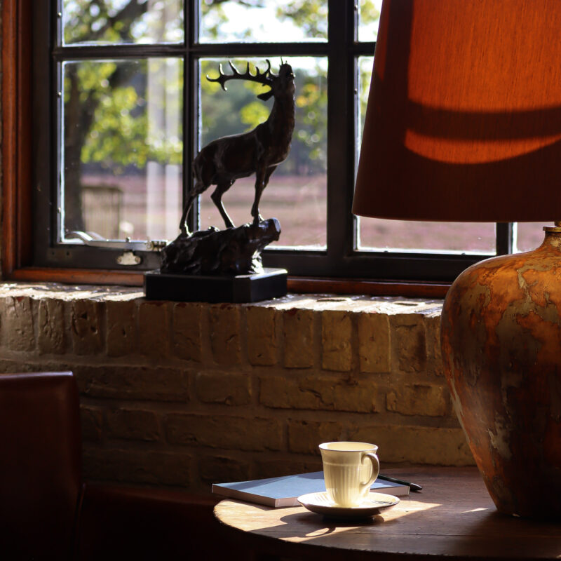 Een foto van een kop koffie en een notitieblok met daarachter een raampartij met een weids uitzicht op de Noorderheide